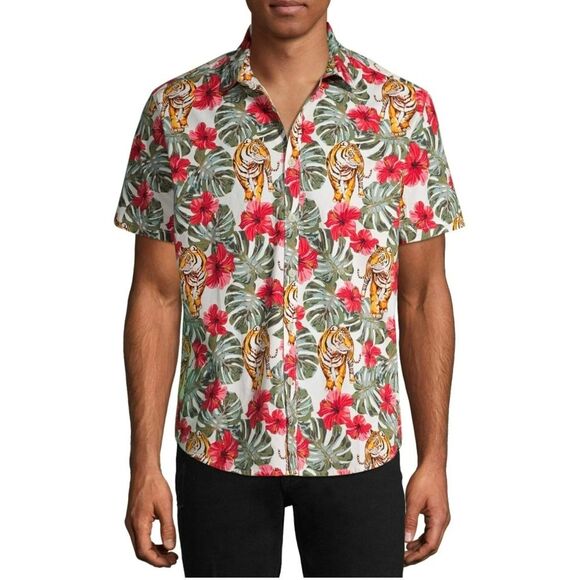 No Boundaries Men's Tiger Print Hawaiian Button Down Shirt Size Small (34-38) - Picture 1 of 5